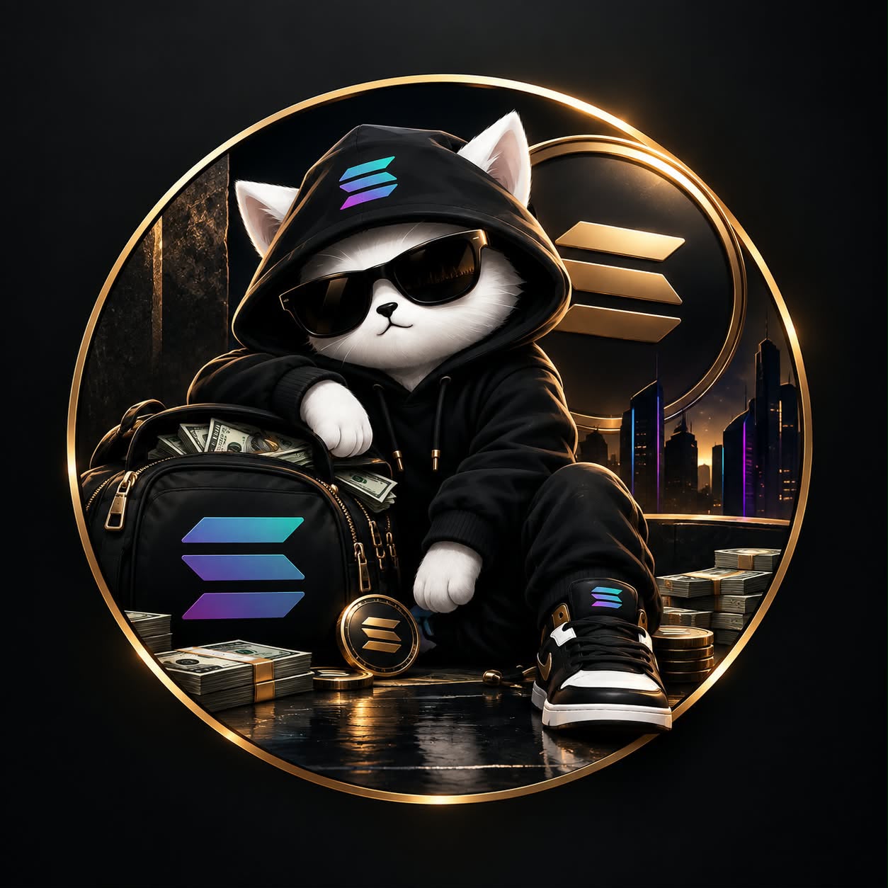 HoodCat sitting on a pile of cash with a Solana duffel bag