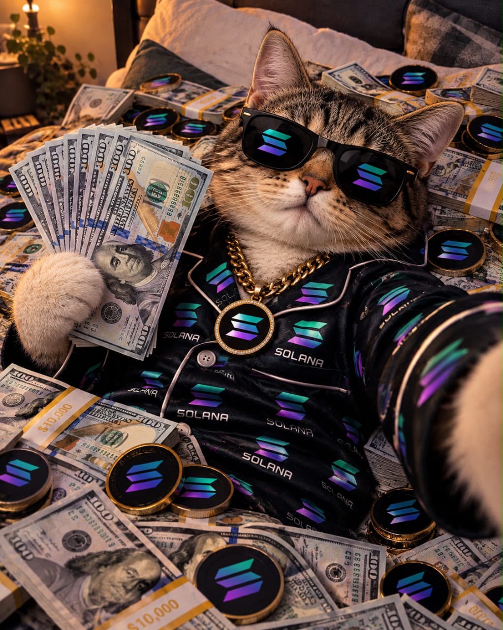 HoodCat lounging on a bed of cash in Solana gear